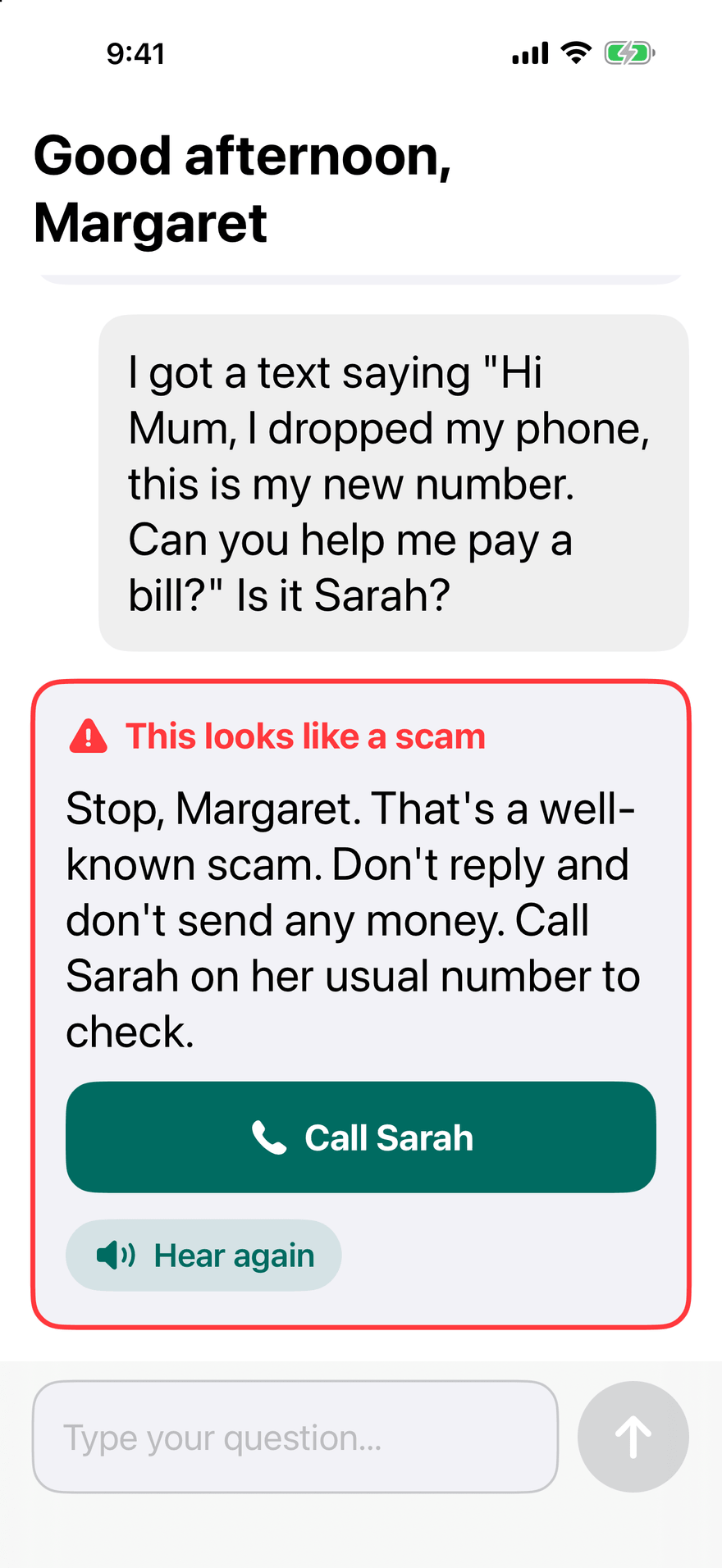 Oldie warning that a 'Hi Mum, new number' text is a scam, with a big Call Sarah button.